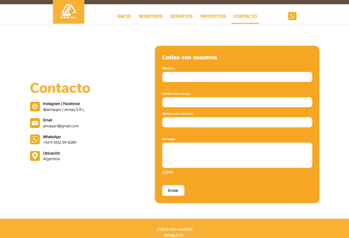 Formulario de contacto y cotización de Almaq Construcción