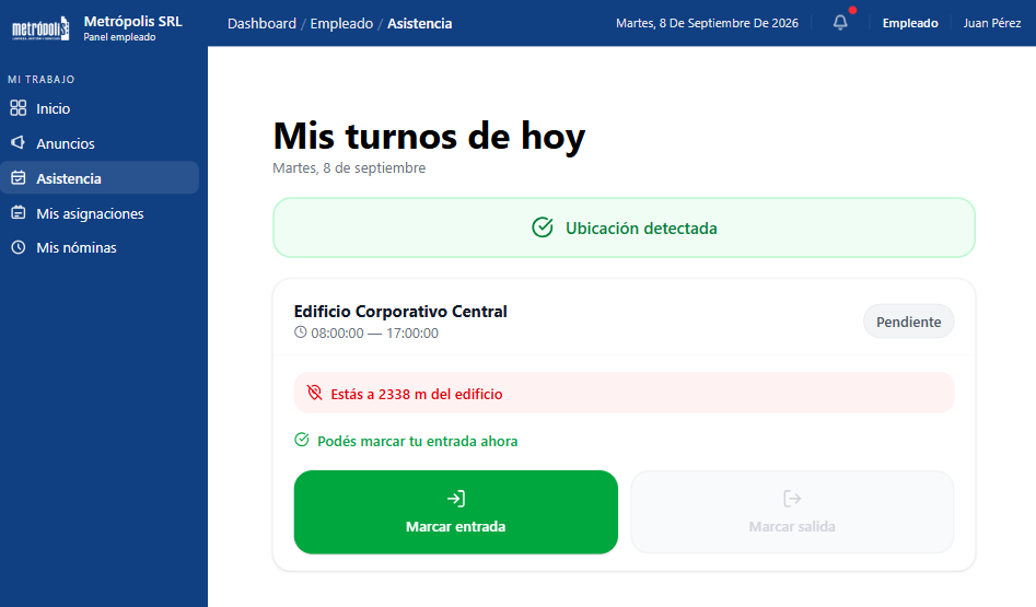 Registro de asistencia con ubicación verificada en Metropolis