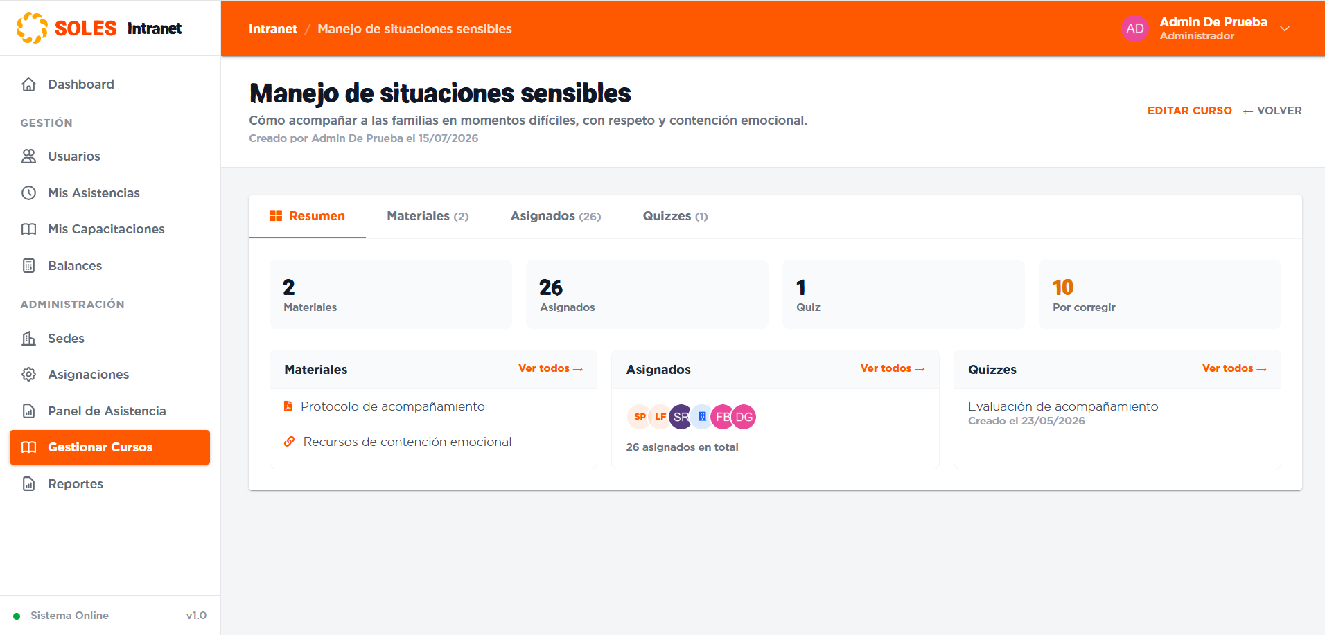 Quiz de capacitación con resultados en la intranet de Soles
